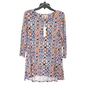 3/$25 Khakis & Co Multi Color‎ Geometric Tile Print 3/4 Sleeve Tunic Top S NWT